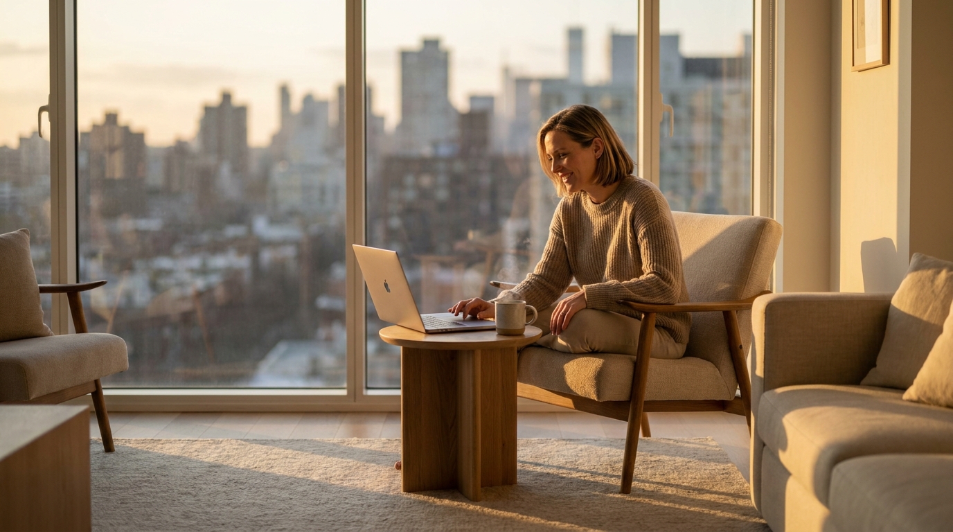 Woman relaxing by a window in a bright minimalist apartment at golden hour with laptop nearby