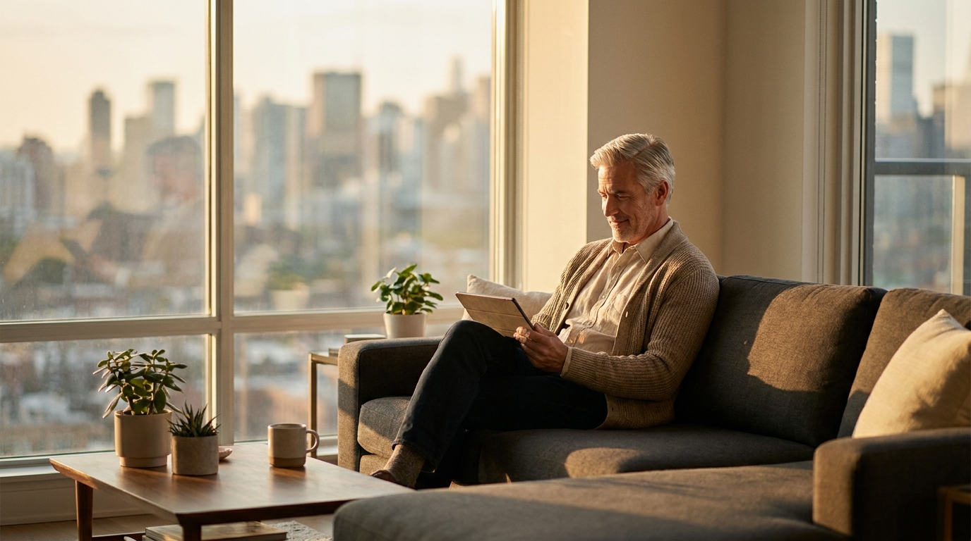 A senior professional reading on a tablet at home during golden hour, calm and focused