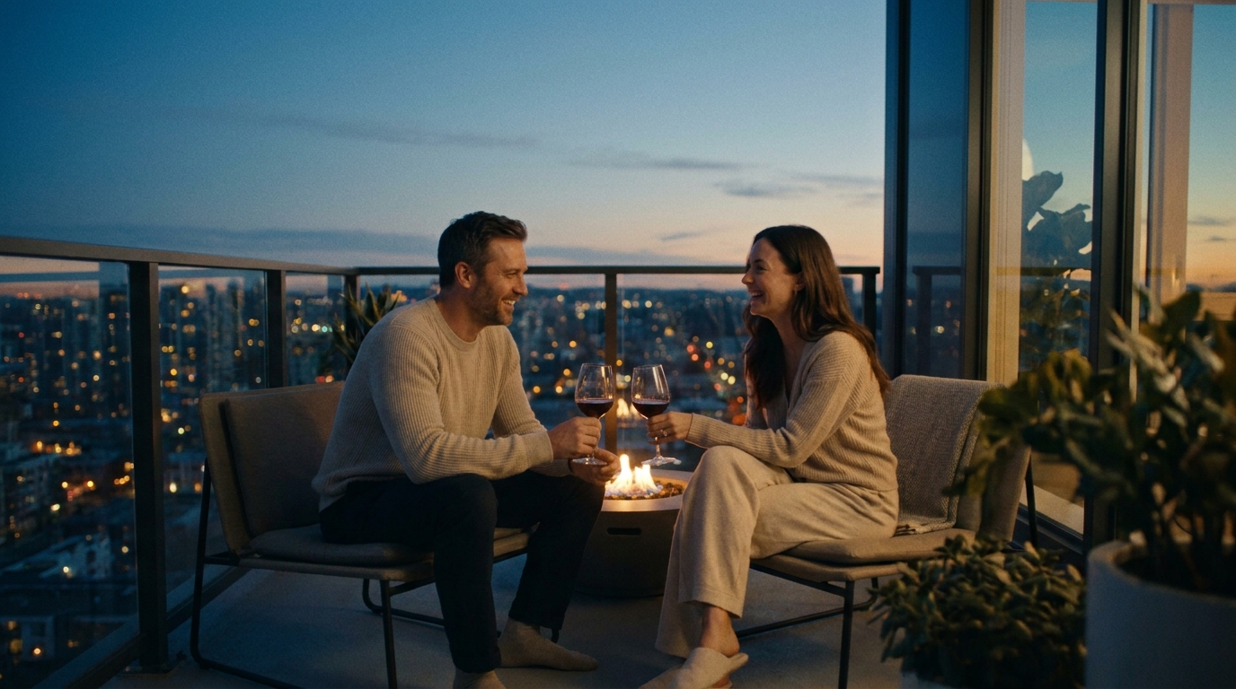 Two friends relaxing on a balcony at dusk with a city view, unwinding after work