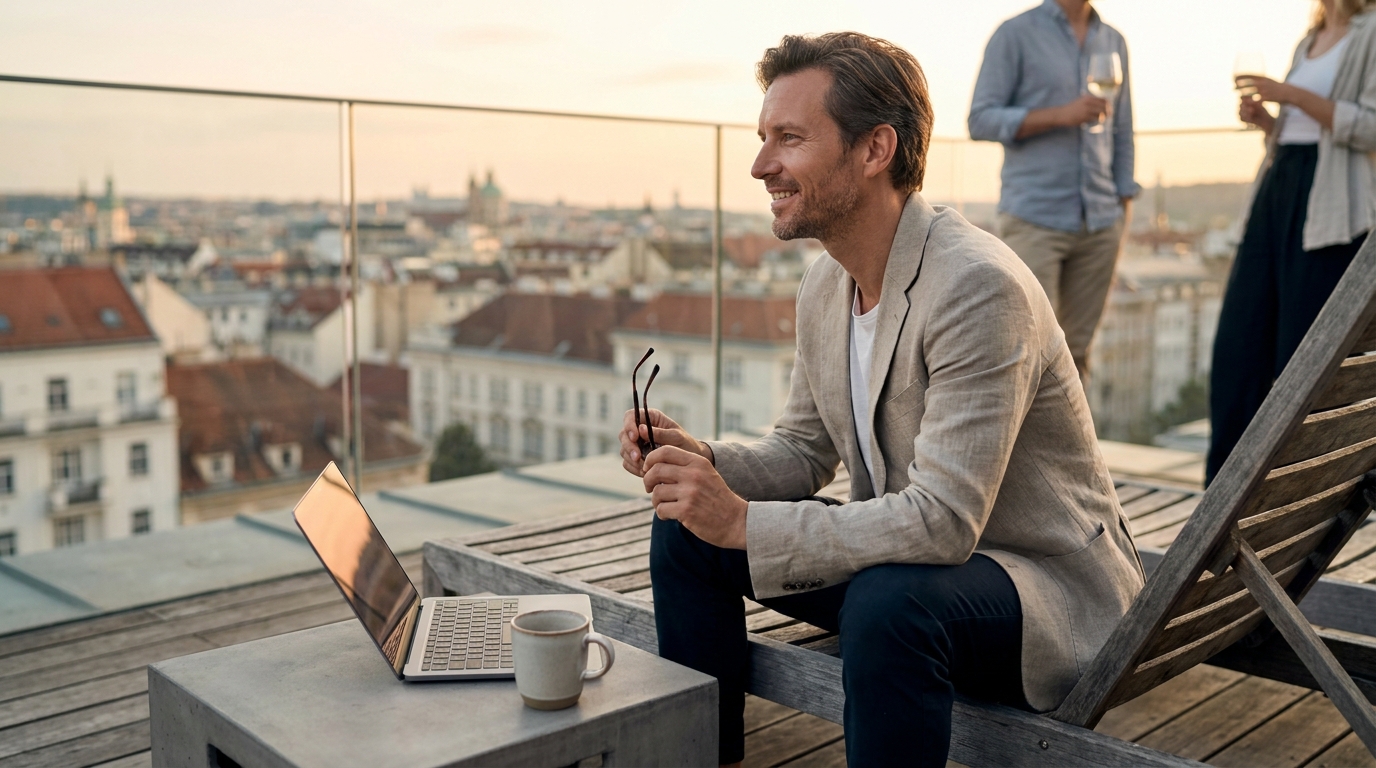 Professionnel travaillant sur une terrasse en toit à l'étranger à l'heure dorée, avec la ligne d'horizon de la ville en arrière-plan