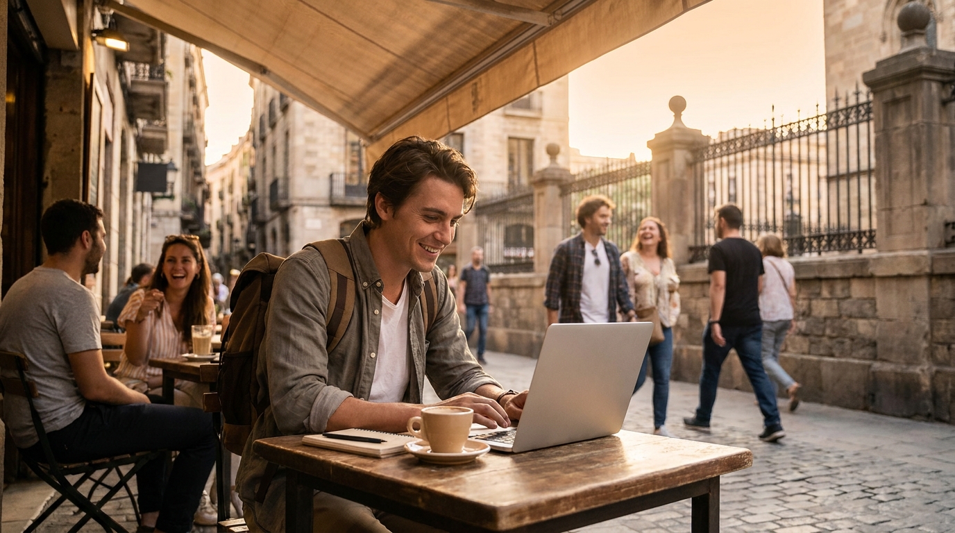 Voyageur consultant des offres d'emploi sur un ordinateur portable depuis la terrasse ensoleillée d'un café à l'étranger