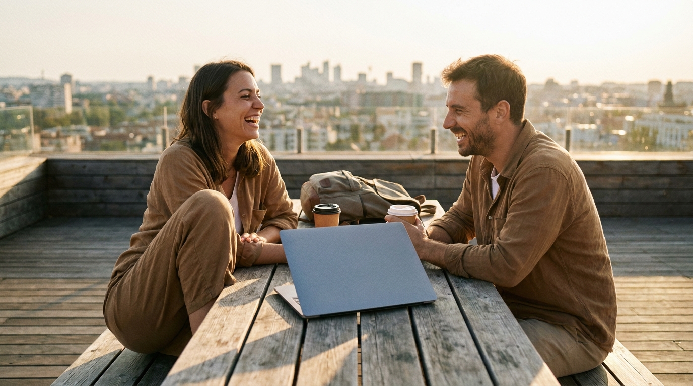 Deux amis se détendant en extérieur au coucher du soleil pendant un voyage, ordinateur portable fermé sur la table