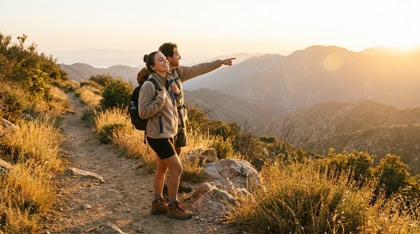 Two friends hiking a mountain trail at golden hour with sweeping summit views