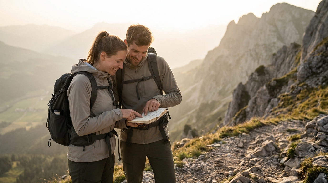 Two hikers pausing on a mountain trail to compare notes, calm and focused, golden hour light