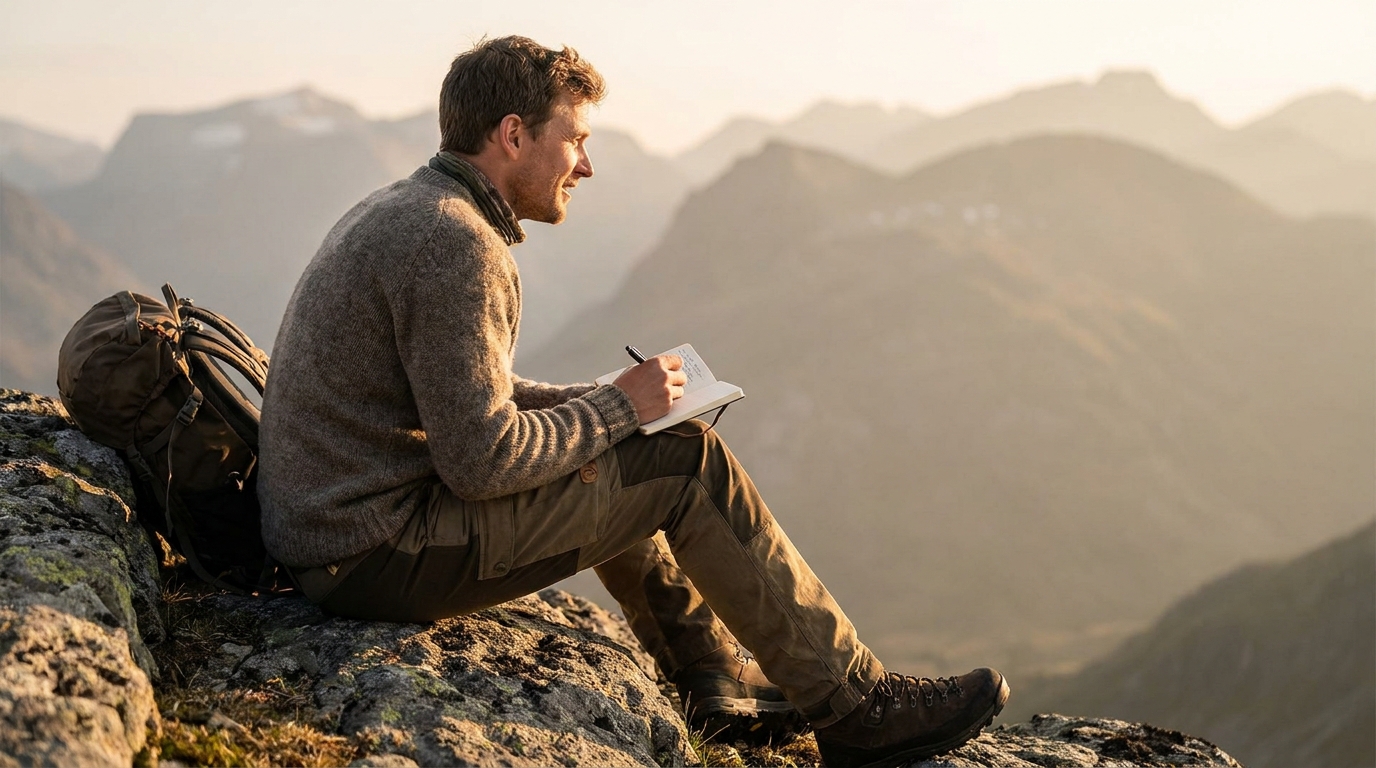 A hiker checking a small notebook at a summit viewpoint, relaxed and satisfied, wide mountain vista behind