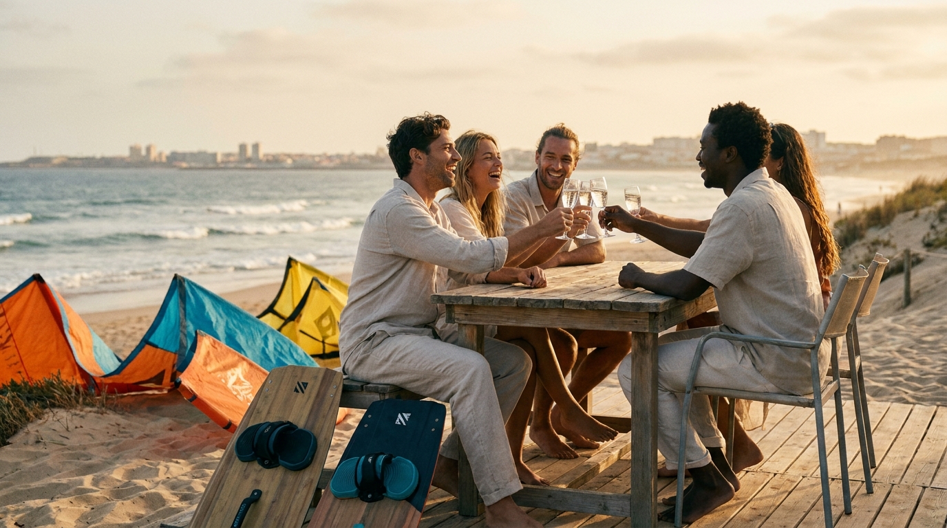 Des amis se détendent à l'heure dorée sur une plage ensoleillée, matériel de kitesurf posé sur le sable