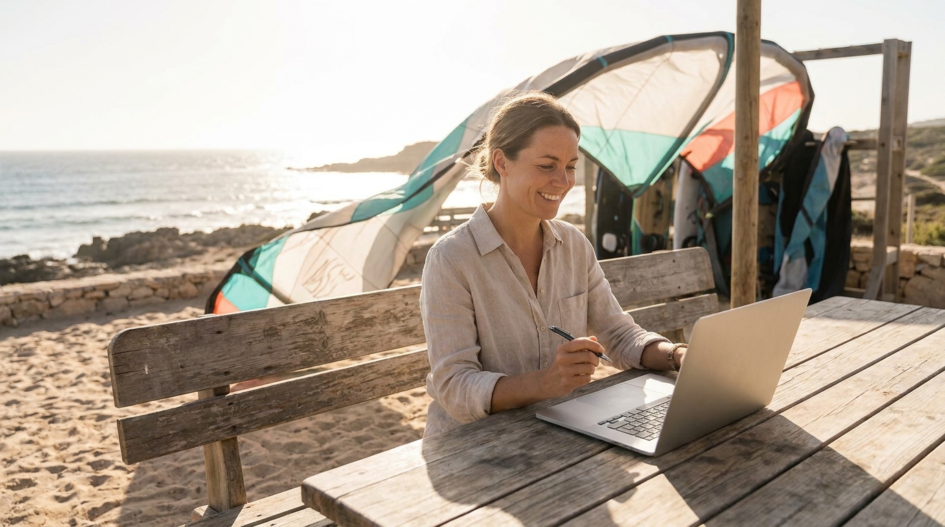 Un cadre détendu relit ses notes sur un ordinateur portable à une table en bord de plage, une aile de kitesurf séchant au vent derrière lui