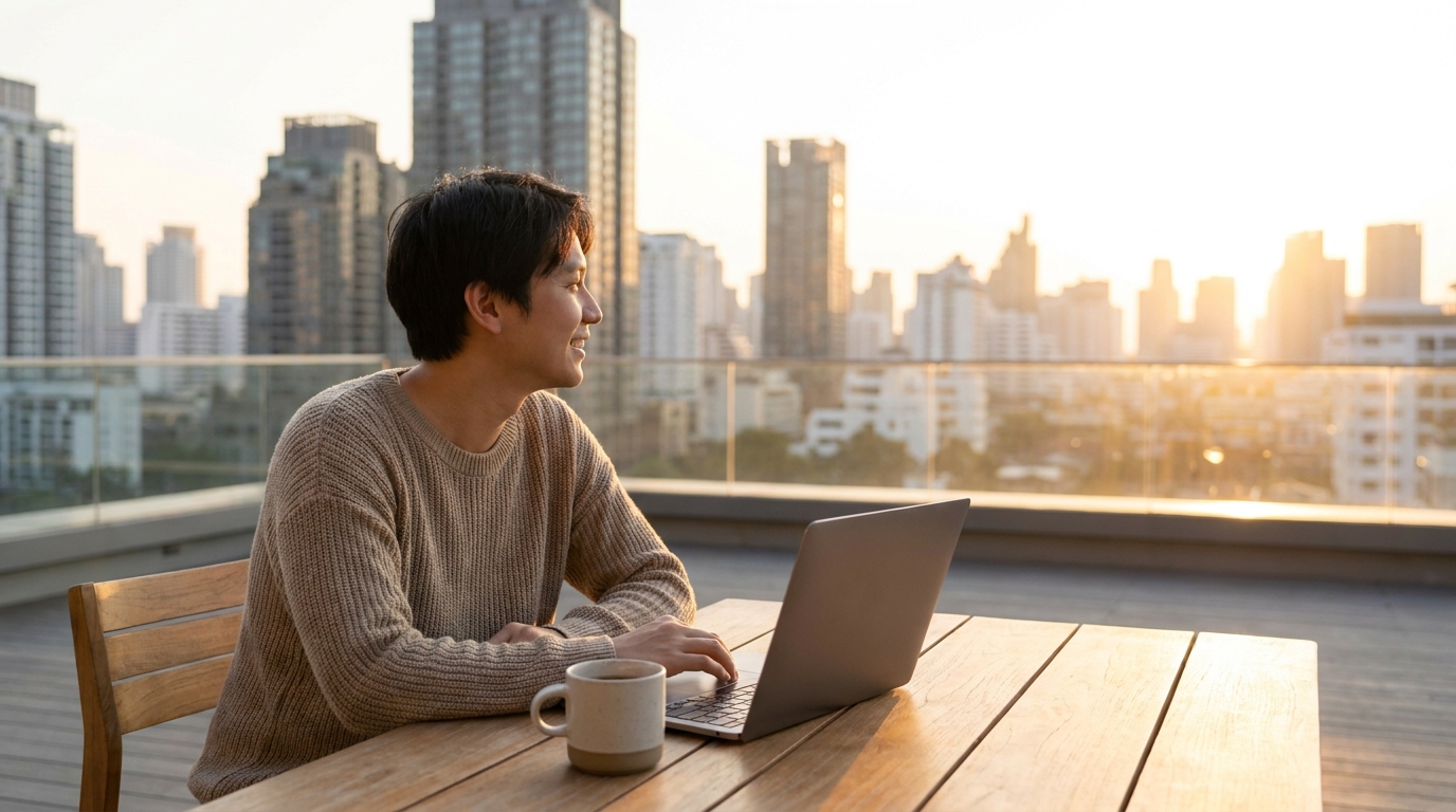 Relaxed traveler with a laptop on a rooftop terrace at golden hour overlooking a new city