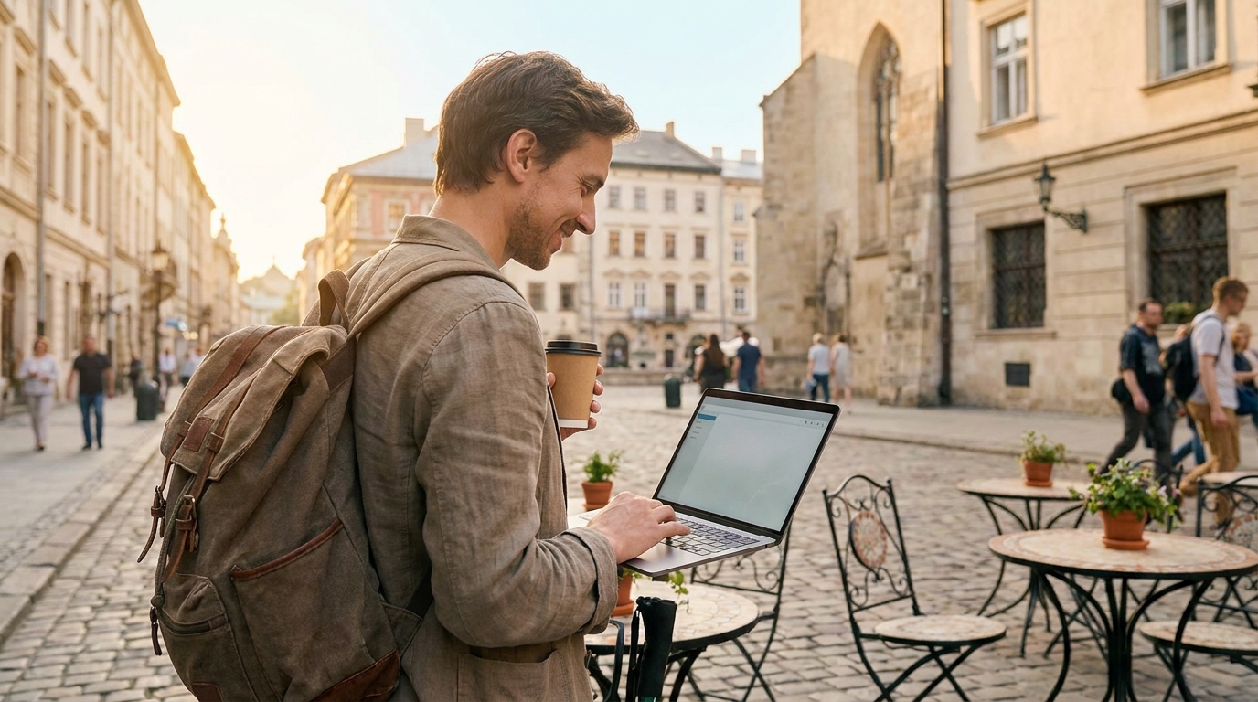 Traveler reviewing job postings on a laptop at a sunlit café terrace in a new city
