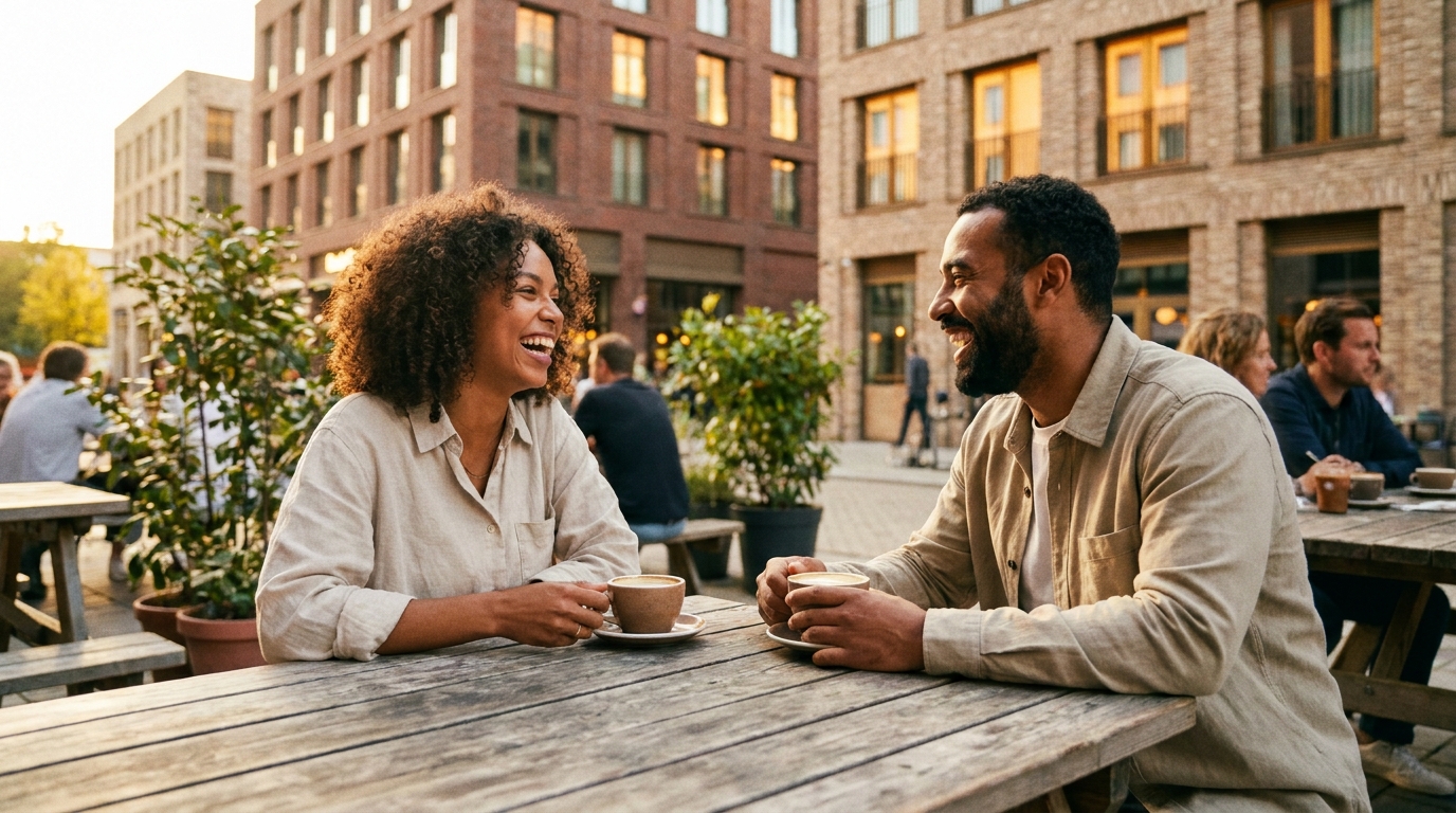 Two friends laughing over coffee outdoors at golden hour in a lively new neighbourhood