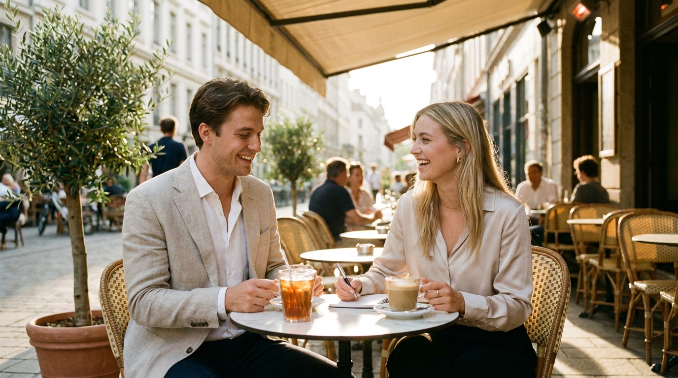 Deux professionnels consultant des notes autour d'un verre en terrasse de café à l'heure dorée