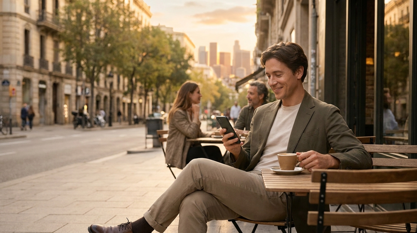 Un professionnel détendu consultant son téléphone avec un café en terrasse ensoleillée