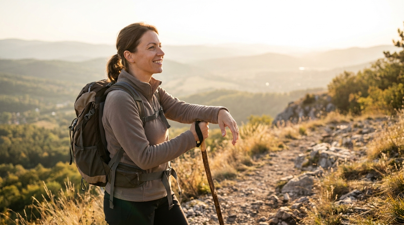 Confident hiker at a mountain summit viewpoint during golden hour, calm and free