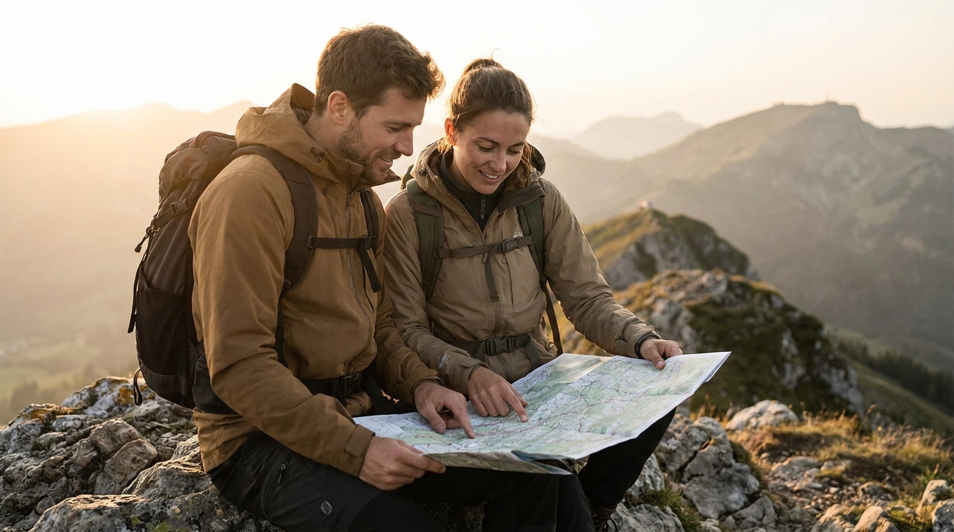 Two hikers pausing on a mountain ridge to check the trail map together at golden hour