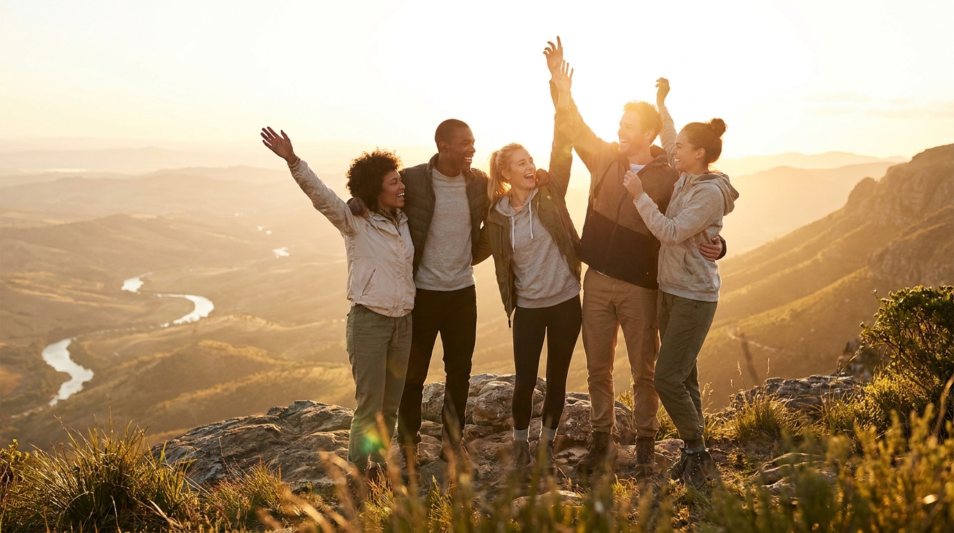 A small group of friends celebrating reaching a summit viewpoint with a valley view below