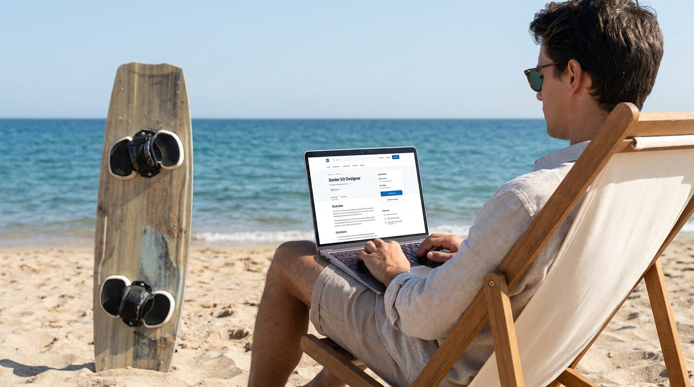Cadre examinant une offre d'emploi sur un ordinateur portable sur une plage ensoleillée avec du matériel de kitesurf à côté