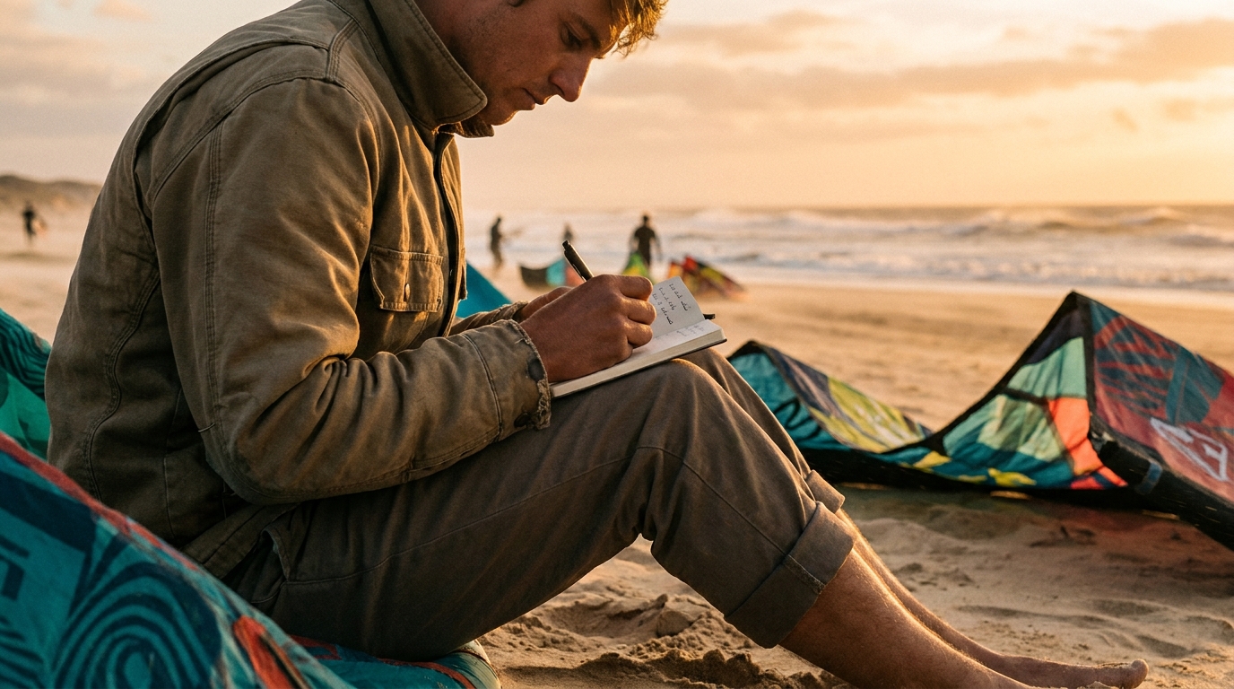 Personne suivant ses candidatures dans un carnet assise sur le sable près de cerfs-volants colorés et de la mer