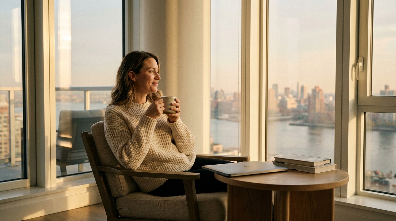 Calm professional relaxing by large windows at golden hour in a minimalist apartment