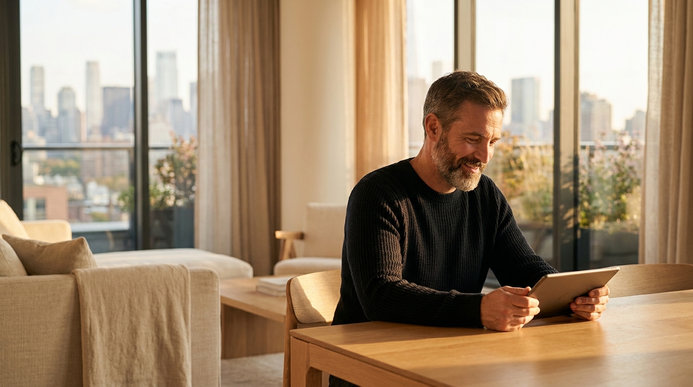 Person reading a job posting on a tablet at home during golden hour
