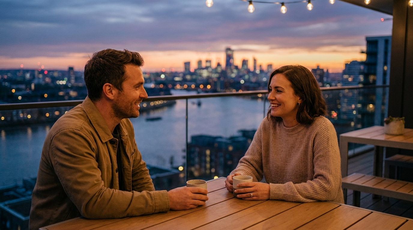 Two friends talking over coffee on a balcony at dusk overlooking the city